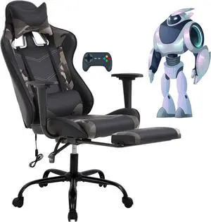 Gaming Chair Desk Chair High Back Computer Chair Ergonomic Massage PC Racing Chair with Waist Support and Retractable Foot Pedal PU Leather Recliner Rolling Adjustable Swivel Chair for Women Men