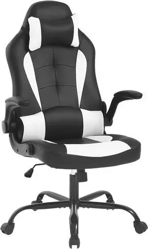 Gaming Chair Racing Computer Chair PU Leather Game Chair Desk Chair with Lumbar Support Flip Up Arms Headrest High Back Swivel Rolling Adjustable Ergonomic Office Chair, White