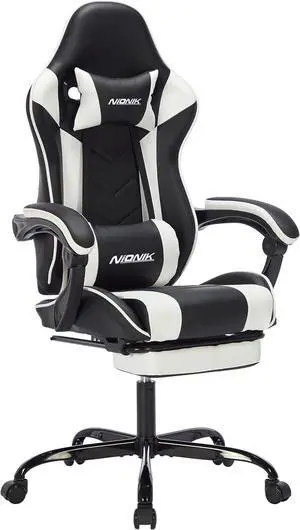 Gaming Chair with Footrest, Ergonomic Computer Chair with Headrest and Lumbar Support, PU Breathable Material Height Adjustable Video Game Chairs for Adults, Blackwhite