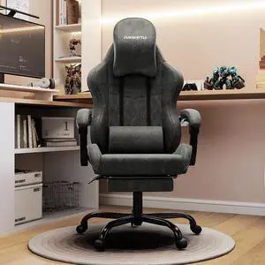 Gaming Chair Big and Tall, Grey Leather Video Game Chairs with Footrest, Padded Linkage Armrests & Large Headrest, Ergonomic Computer Chair 350lbs for Adults Gaming or Office Use