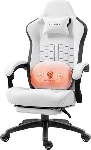 Dowinx Gaming Chair with Heated Massage Lumbar Support, Big and Tall Gaming Chair with Pocket Spring Cushion and Footrest,Ergonomic Gamer Chairs for Adult, 330lbs, White