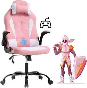 Ergonomic Gaming Office Chair - High Back Executive Computer Chair with Lumbar Support & Flip-Up Arms, PU Leather Adjustable Swivel Chair for Women/Men, Height Adjustable Massage Desk Chair (Pink)