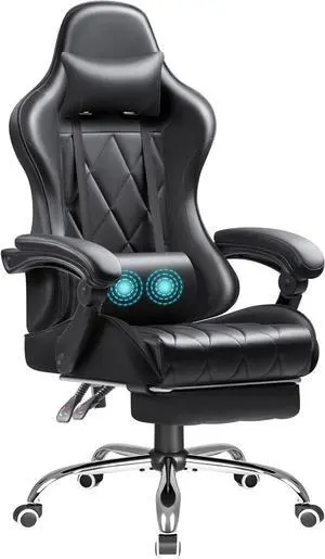 Shahoo Gaming Chair with Footrest and Massage Lumbar Support, Computer Game Chairs Ergonomic Office Seat Height Adjustable with Headrest, Black