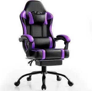 Ergonomic Gaming Chair with Footrest, PU Leather Video Game Chairs for Adults, Reclining Gamer Chair Office Chair with Lumbar Support, Comfortable Computer Chair for Heavy People (Purple)