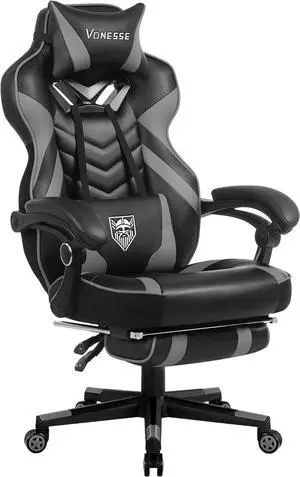 Vonesse Gaming Chair for Adults,Computer Chair with High Back,Big and Tall Gaming Chairs with Footrest and Massage,Reclining Gamer Ergonomic Office Desk Chair(Grey/Black)