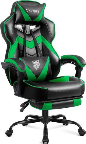 Vonesse Gaming Chair,Computer Chair with Footrest and Massage,Reclining Gaming Chairs for Adults,Big and Tall High Back Gamer Chair (Green/Black)