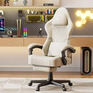 Soontrans PU Leather Gaming Chair with Footrest,High Back Ergonomic Computer Gamer Chair,Comfortable Video Game Chair with Massage Lumbar Cushion, Racing Reclining Office Desk Chair for Adult,Beige