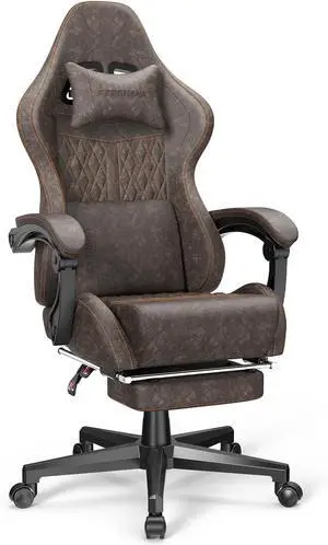 Ferghana Vintage PU Leather Gaming Chair, High Back Gamer Chair with Massage, Ergonomic Computer Office Chair with Footrest for Adults, Racing Style Reclining Video Game Chair Chestnut Brown