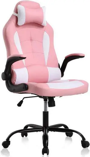 Gaming Chair Office Chair Desk Chair Ergonomic High Back Computer Chair with Lumbar Support Flip-up Arms Headrest PU Leather Swivel Task Chair for Women Men Adult, Pink