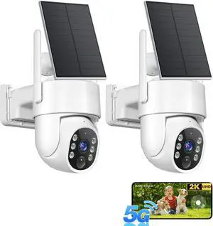 Solar Security Cameras Wireless Outdoor, 5G&2.4GHz WiFi Cameras for Home Security, 2K PTZ Battery Powered Outside Cam, 2 Way Talk, Color Night Vision, Human Detection for Porch/Garage/Yard, 2 Packs
