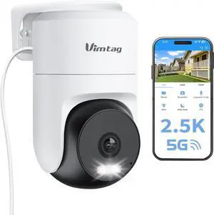 VIMTAG 2.5K Cameras for Home Security, Outdoor Security Camera Indoor, 2.4G/5G Wi-Fi, Plug-in Power (Wired), 360° Motion Tracking, Free AI Detection & Siren, Color Night Vision, IP66, SD/Cloud Storage