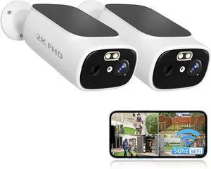 2K Solar Camera Outdoor Wireless, 5/2.4Ghz WiFi Cameras for Home Security, AI Motion Detection, Color Night Vision, Two-Way Audio, Waterproof, Work with Alexa/Google Home, No Monthly Fee(2 Camera)