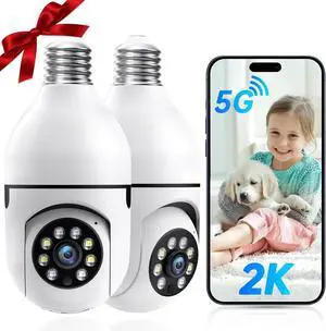 Light Bulb Security Camera -5G& 2.4GHz WiFi Camera Outdoor Wireless Motion Detection and Alarm,Two-Way Talk,Color Night Vision,Human Detection, Light Socket Camera Compatible with Alexa,2 Pack