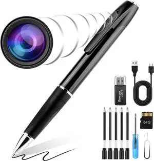 1080P Mini Pen with Video- One Button Surveillance, 64GB Nany Camera Invisible Body Cam, Taking Photo Ideal for Home Security