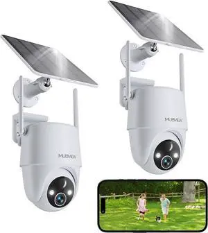MUBVIEW 2K Solar Security Cameras Wireless Outdoor, 360° PTZ Battery Powered Outdoor Camera, 2.4Ghz WiFi Home Security Camera, Color Night Vision, Motion Detection, 2-Way Audio, 2-Pack