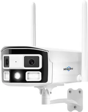 Hiseeu WiFi Pro 4MP Dual Lens Surveillance Camera, 180-Degree Ultra Wide Angle, 5GHz/2.4GHz, Black Light Color Night Vision, 2-Way Audio, Outdoor IP66, 24/7 Recording Support