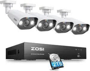ZOSI 4K PoE Security Camera System,Person Vehicle Detection,8 Port 16CH 8MP NVR with 2TB HDD,4pcs 4K Outdoor Indoor PoE IP Cameras,2 Way Audio,Spotlight Siren,Color Night Vision,for 24/7 Recording