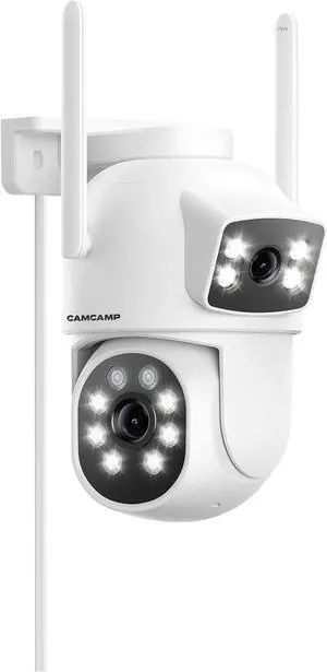 Camcamp Dual Lens Security Cameras Wireless Outdoor, 2K WiFi Camera for Home Security, 360° View, Plug-in Power, Auto Tracking, Color Night Vision, Two-Way Audio, 24/7 Record