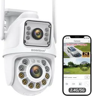 BOAVISION 5G/2.4G WiFi Outdoor Security Camera, Wireless PTZ Dual Lens, 360° View, AI Human Tracking, Color Night Vision, 24/7 Recording, Two-Way Audio, Cloud & SD Card Storage