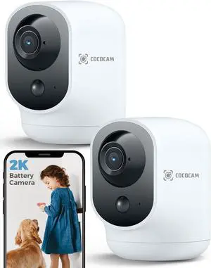 COCOCAM 2PCS 2K Indoor Pan/Tilt Security Camera with 5200mAh Battery, WiFi Camera,Wireless for Baby Monitor/Pet/Home Security, AI Recognition, PIR Human Detection, 2.4G WiFi