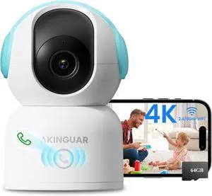 4K 8MP Indoor Security Camera with 64GB Memory Card, 5GHz/2.4GHz WiFi Camera, 360° Pan/Tilt IP Camera, Auto Tracking, AI Human/Face/Pet Detection, Night Vision, 2-Way Audio, One-Touch Call