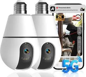 Light Bulb Camera 5G&2.4Ghz WiFi 2K Security Cameras Wireless Outdoor Indoor,AI Detection and Alarm,Two-Way Talk,Cameras for Home Security,Color Night Vision,911 Emergency Dispatch,US Based Cloud,2PCS