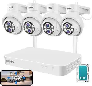 MMQ  Auto Track &10x Hybrid Zoom Dual Lens WiFi Security Camera System, 4PCS Wireless Cameras Outdoor with 1T HDD,10CH Expandable 5MP NVR, PTZ 2-Way Audio,Color Night Vision, Compatible with Alexa
