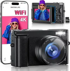 4K Digital Camera for Photography, WiFi 64MP 180° Flip Screen 3" Autofocus Vlogging Camera for YouTube, 16X Zoom Compact Point and Shoot Cameras for Beginner with 32GB Card, 2 Batteries