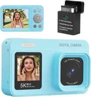 Upgraded 5K Dual Screen Digital Camera,80MP Vlog Photography Camera for YouTube,Campus,Travel,Compact Point & Shoot Camera for Teens & Beginners with Autofocus,18x Zoom,Anti-Shake,Blue