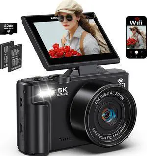 5K Digital Camera for Photography, 75MP WiFi Vlogging Camera for YouTube, 18X Zoom UHD Autofocus, 3" 180° Flip Screen, Video Camera with 32GB SD Card & 2 Batteries