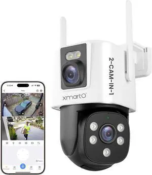 xmartO [WiFi 6 Dual-Lens Camera] 2-in-1 QHD WiFi Home Security Camera with AI Tracking, Pan Tilt Zoom, 5G/ 2.4G Dual Band, Bluetooth Easy Setup (Works Only w WiFi6 NVR, Also Works Standalone)