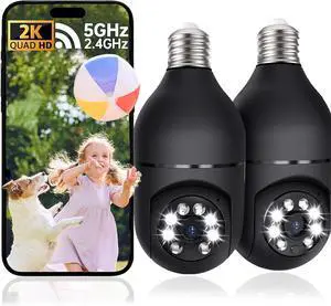 2K Light Bulb Camera Outdoor, 2.4/5GHz Wi-Fi 6 Security Cameras Wireless Outdoor, 360° PTZ Cameras for Home Security with Color Night Vision, AI Human Detection, 2 Way Talk, Easy Installation,2 Packs