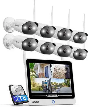 ZOSI 8CH 2K Wi-Fi 6 Security Camera System with 12" LCD Monitor,8pcs 3MP Home Plug-in WiFi Cameras Outdoor,AI Person Detection,Spotlight Color Night Vision,2-Way Audio,2TB HDD for 24/7 Recording