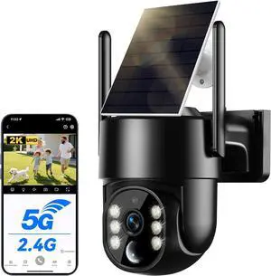 Solar Camera Outdoor Wireless, 2K Solar Security Cameras Wireless Outdoor, Battery Powered Wire-Free 5G WiFi Camera, 360° View PTZ, AI Human Detection, Siren Alarm, Color Night Vision, Work with Alexa