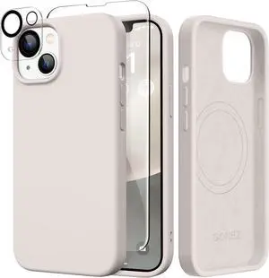 GONEZ Magnetic for iPhone 14 Case, Compatible with Magsafe, with Screen Protector + Camera Protector, Anti-Scratch Microfiber Lining, Liquid Silicone Shockproof Protective Phone Case, Stone