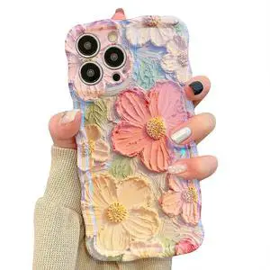 UEEBAI Flower Case for iPhone 14 Pro Max Case, Colorful Retro Oil Painting Girly Phone Cover Pretty Glossy Pattern Wave Cover Cute Sparkly Floral Curly Shell for Women and Girl, Orange Yellow