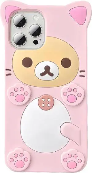 3D Cute Cartoon Bear Phone Case for iPhone 14 Pro Max - Fashionable and Stylish - Funny Pink Bear Design - Soft TPU Protective Case - Kawaii Silicone Cover for Women, Girls, and Kids
