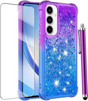 for Samsung Galaxy A15 5G Case with Screen Protector, Women Girls Glitter Bling Liquid Floating Cute Phone Case Soft TPU Slim Silicone Shockproof Protective for Samsung A15 5G - Blue Purple
