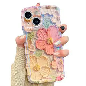 UEEBAI Flower Case for iPhone 14 Case, Colorful Retro Oil Painting Girly Phone Cover Pretty Glossy Pattern Wave Cover Cute Sparkly Floral Curly Shell for Women and Girl, Orange Yellow