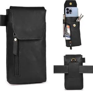 Leather Village Genuine Leather 7x3.5 Phone Holster Pouch with Belt Clip, Magnetic Closure, ID Card Holder - Black Universal Case for iPhone, Samsung Galaxy, Google Pixel