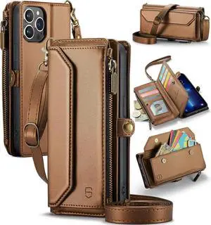 Wallet Case Compatible with iPhone 13 Pro Max RFID Blocking 10-Card Holder Soft PU Leather Magnetic Snap Shoulder Strap Zipper Pocket Phone Case Fit for iPhone 13 Pro Max - Brown Wallet Case Compatible with iPhone 13 Pro Max RFID Blocking 10-Card Holder Soft PU Leather Magnetic Snap Shoulder Strap Zipper Pocket Phone Case Fit for iPhone 13 Pro Max - Brown
