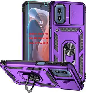 For Moto G Play 2024 Case, Soft Silicone Rubber Bumper Hard Plastic Phone Case with [Sliding Camera Lens Cover] [360° Rotatable Kickstand Ring] [HD Screen Protector] for Motorola G Play 2024 4G Purple