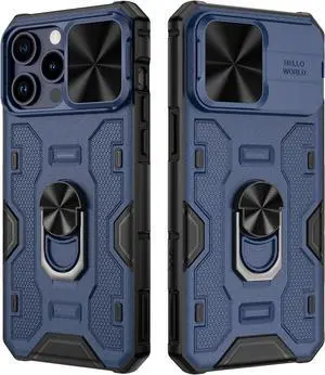 VEGO Kickstand Case for iPhone 15 ProMax, with Slide Camera Cover & Built-in 360° Rotate Ring Stand Magnetic Shockproof Cover for iPhone 15 Pro Max 6.7" 2023 - Blue