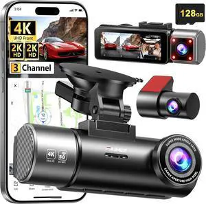 4K+2K+2K 3 Channel Dash Cam Front and Rear, 128GB Card Included, Dash Camera for Cars 5.8G/2.4G Dual Wifi, Built-in GPS, Night Vision, WDR, 170°Wide Angle, G-Sensor Emergency Lock, 24H Parking Monitor 4K+2K+2K 3 Channel Dash Cam Front and Rear, 128GB Card Included, Dash Camera for Cars 5.8G/2.4G Dual Wifi, Built-in GPS, Night Vision, WDR, 170°Wide Angle, G-Sensor Emergency Lock, 24H Parking Monitor
