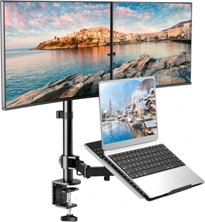 HUANUO Laptop Mount, Height Adjustable Dual Monitor Mount with Laptop Keyboard Tray Fit Two 13 to 27 Inch Flat Curved Computer Screens and 10 to 17 Inch Notebooks HUANUO Laptop Mount, Height Adjustable Dual Monitor Mount with Laptop Keyboard Tray Fit Two 13 to 27 Inch Flat Curved Computer Screens and 10 to 17 Inch Notebooks