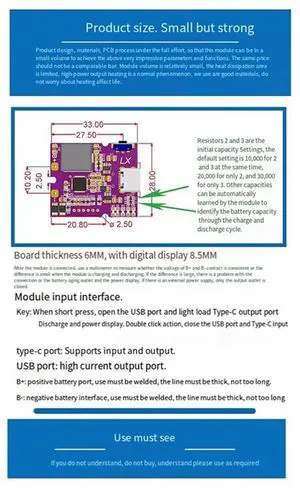 USB Type-C 22.5W Power Bank Module, Bidirectional Fast Charging With QC3.0 2.0 & Display