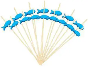 100 Pcs Disposable Bamboo Food Cocktail Picks Blue Fish Buffet Fruit Cupcake Fork Sticks Party Table Decoration Supplies