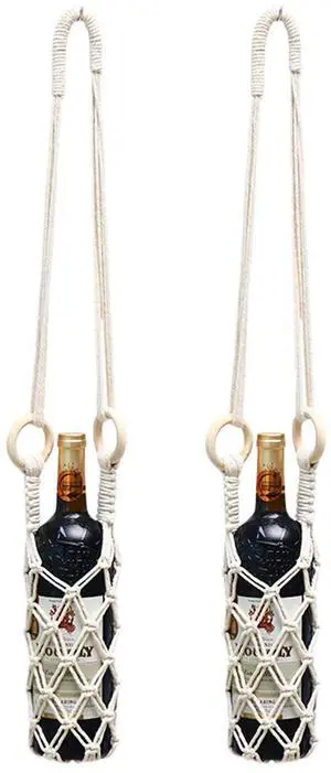 Macrame Water Bottle Holder Portable Woven Rope Wine Bottle Bag Handmade Crochet Weave Net Pocket Bag for Hiking Cycling Fitness