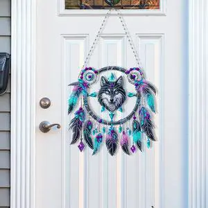 2D Flat DIY Diamond Painting Art Pendant Window Hanging Wolf Dream Catcher