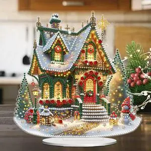 Acrylic Christmas House Colorful Light House Rhinestones Desktop Ornaments Diamond Painting Desktop Decors for Home Office Decor
